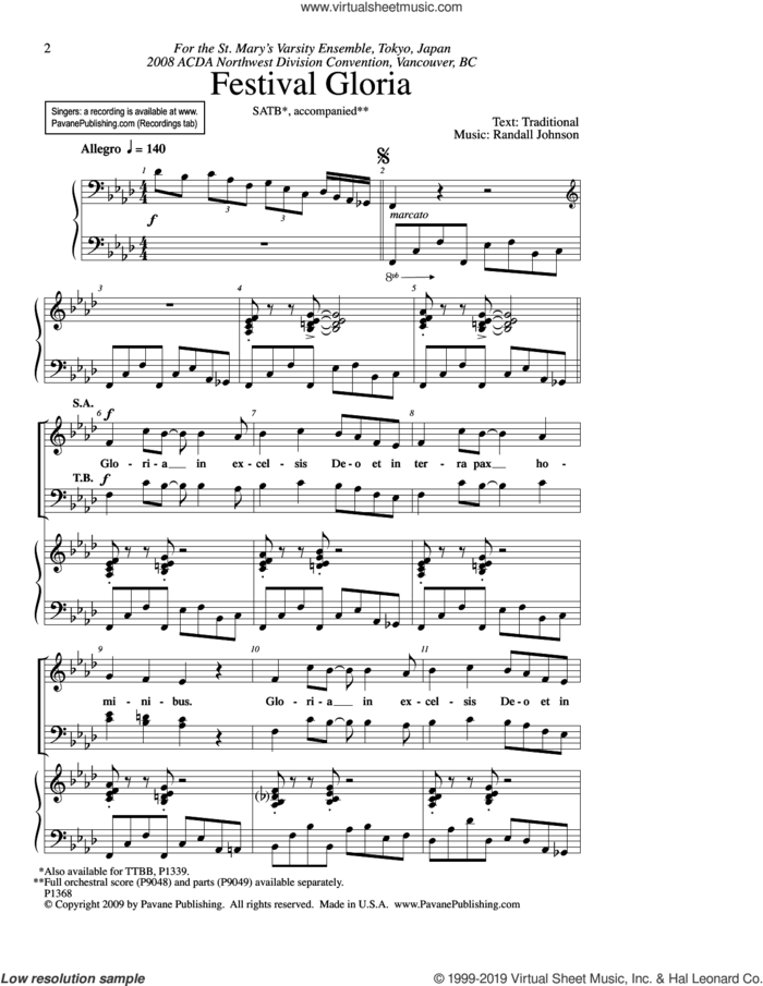 Festival Gloria sheet music for choir (SATB: soprano, alto, tenor, bass) by Randall Johnson, intermediate skill level