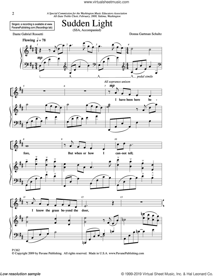 Sudden Light sheet music for choir (SSA: soprano, alto) by Donna Gartman Schultz and Dante Gabriel Rosetti, intermediate skill level