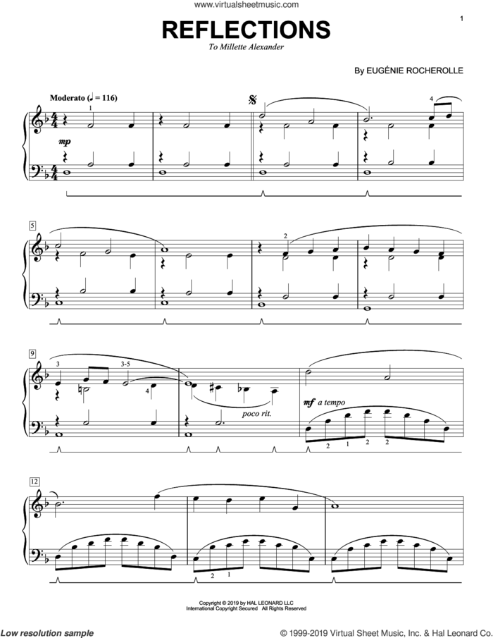 Reflections sheet music for piano solo by Eugenie Rocherolle, intermediate skill level
