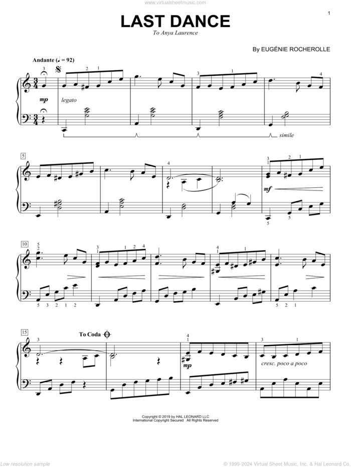 Last Dance sheet music for piano solo by Eugenie Rocherolle, intermediate skill level