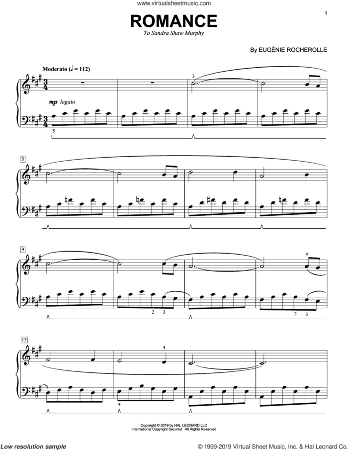 Romance sheet music for piano solo by Eugenie Rocherolle, intermediate skill level