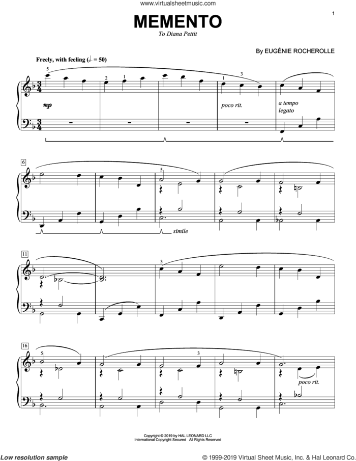 Memento sheet music for piano solo by Eugenie Rocherolle, intermediate skill level