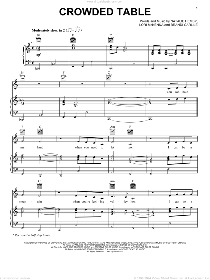 Crowded Table sheet music for voice, piano or guitar by The Highwomen, Amanda Shires, Maren Morris, Brandi Carlile, Lori McKenna and Natalie Hemby, intermediate skill level