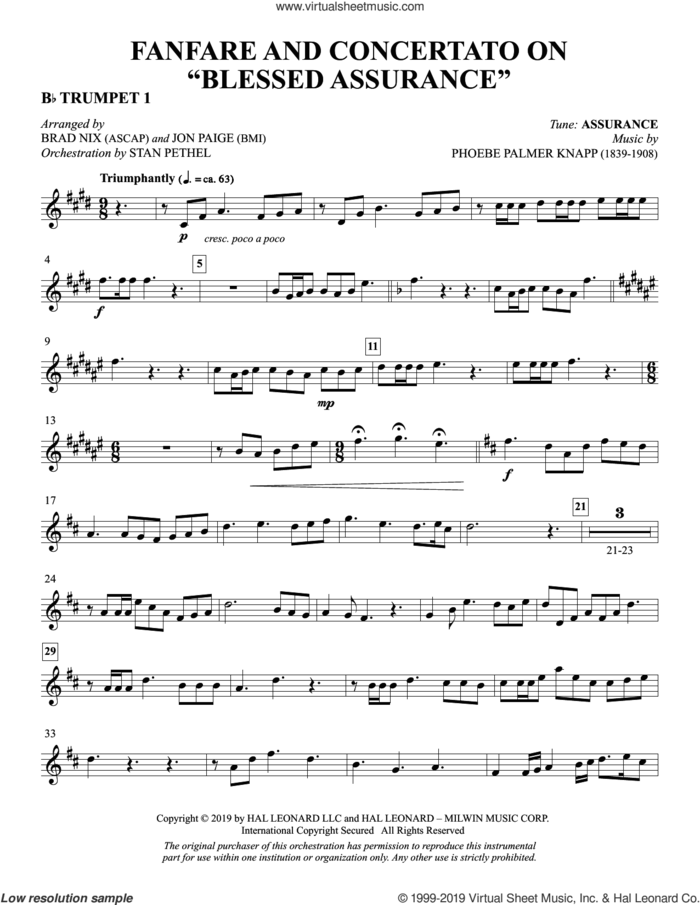 Fanfare and Concertato on 'Blessed Assurance' (arr. Brad Nix and Jon Paige) sheet music for orchestra/band (Bb trumpet 1) by Fanny J. Crosby, Brad Nix and Jon Paige, intermediate skill level