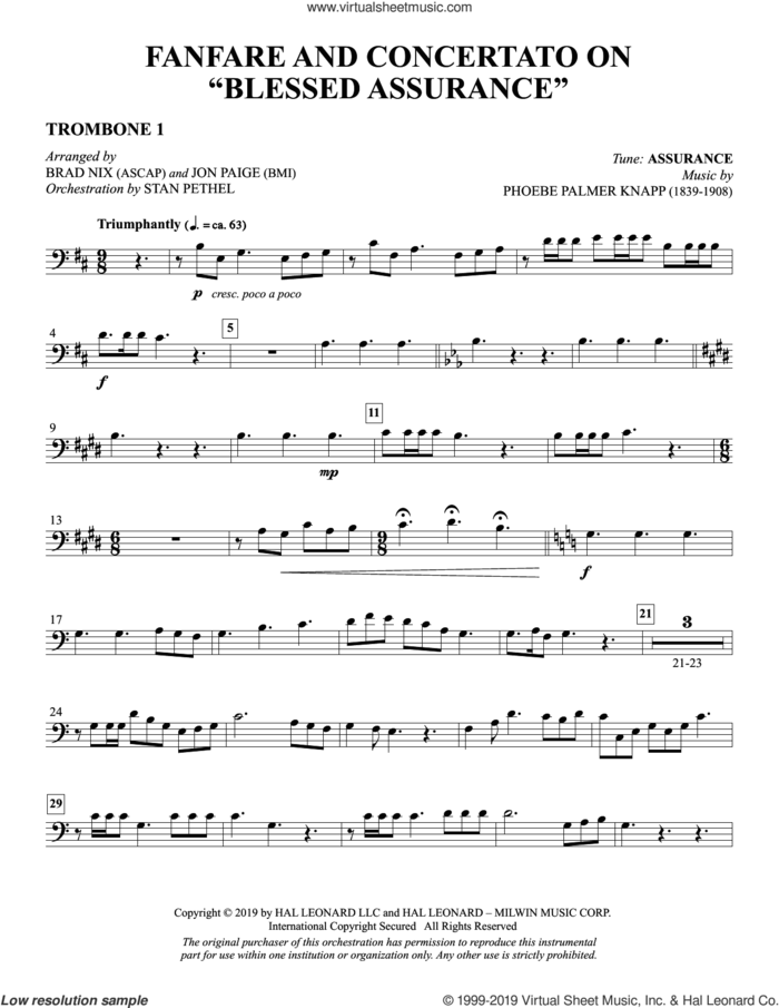 Fanfare and Concertato on 'Blessed Assurance' (arr. Brad Nix and Jon Paige) sheet music for orchestra/band (trombone 1) by Fanny J. Crosby, Brad Nix and Jon Paige, intermediate skill level