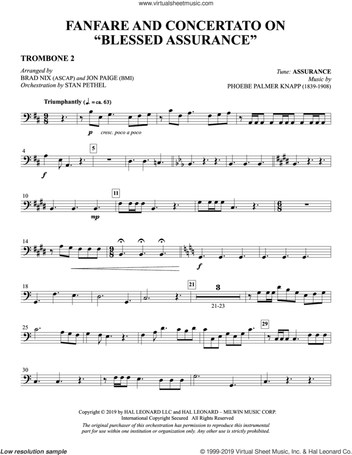 Fanfare and Concertato on 'Blessed Assurance' (arr. Brad Nix and Jon Paige) sheet music for orchestra/band (trombone 2) by Fanny J. Crosby, Brad Nix and Jon Paige, intermediate skill level