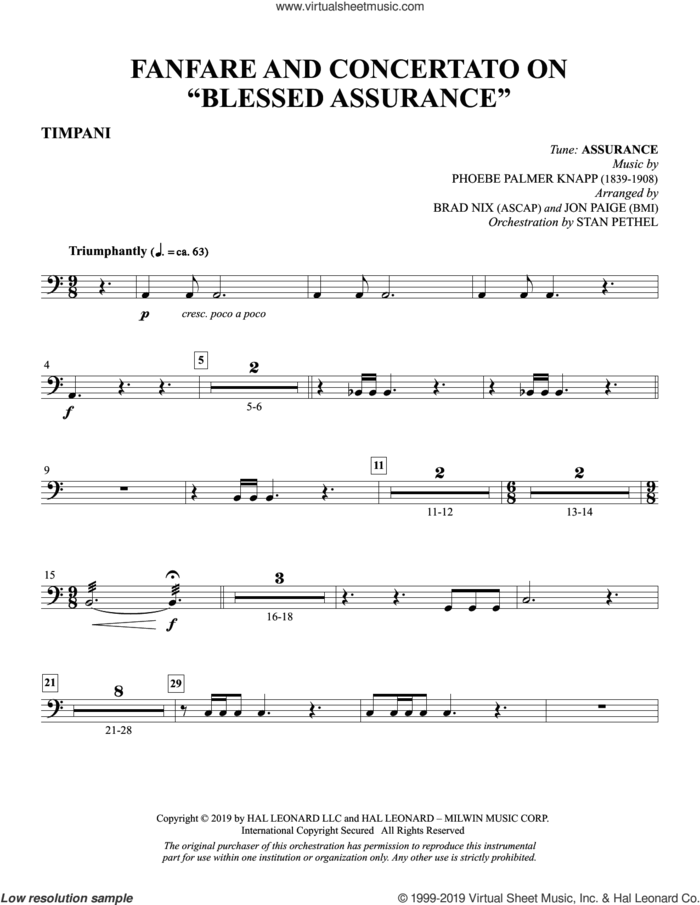 Fanfare and Concertato on 'Blessed Assurance' (arr. Brad Nix and Jon Paige) sheet music for orchestra/band (timpani) by Fanny J. Crosby, Brad Nix and Jon Paige, intermediate skill level