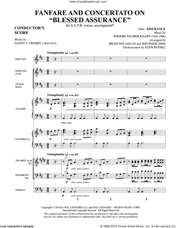 Fanfare And Concertato On 'Blessed Assurance' (arr. Brad Nix and Jon Paige) (COMPLETE) sheet music for orchestra/band by Brad Nix, Fanny J. Crosby and Jon Paige, intermediate skill level