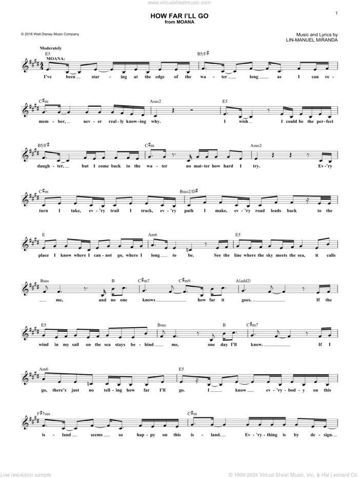 How Far I'll Go (from Moana) sheet music for voice and other instruments (fake book) by Lin-Manuel Miranda and Alessia Cara, intermediate skill level