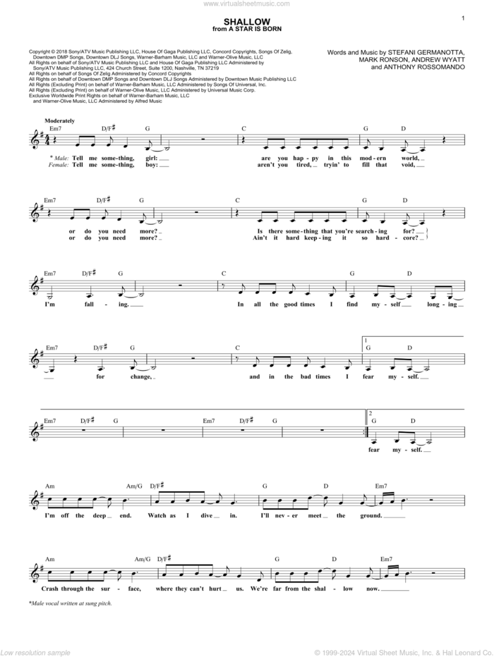 Shallow (from A Star Is Born) sheet music for voice and other instruments (fake book) by Lady Gaga & Bradley Cooper, Bradley Cooper, Andrew Wyatt, Anthony Rossomando, Lady Gaga and Mark Ronson, intermediate skill level