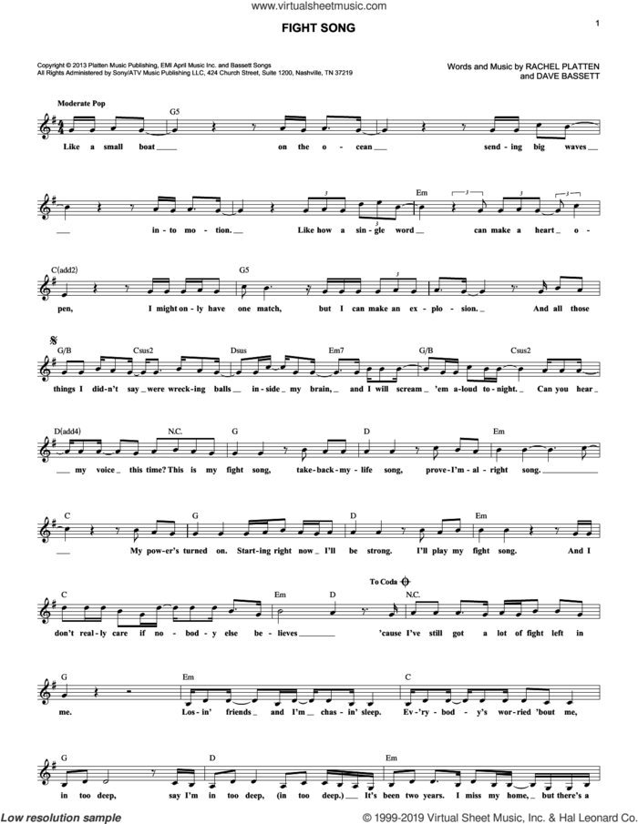 Fight Song sheet music for voice and other instruments (fake book) by Rachel Platten and Dave Bassett, intermediate skill level