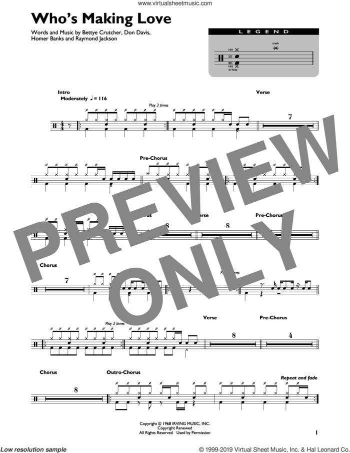 Who's Making Love sheet music for drums (percussions) by Johnnie Taylor, Bettye Crutcher, Don Davis, Homer Banks and Raymond Jackson, intermediate skill level