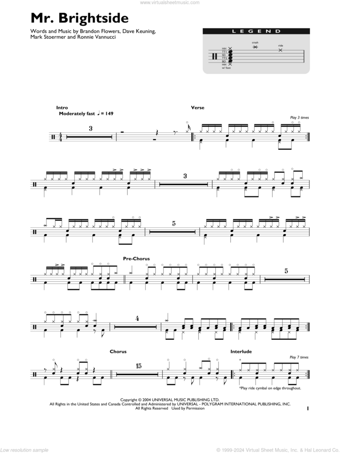 Mr. Brightside sheet music for drums (percussions) by The Killers, Brandon Flowers, Dave Keuning, Mark Stoermer and Ronnie Vannucci, intermediate skill level