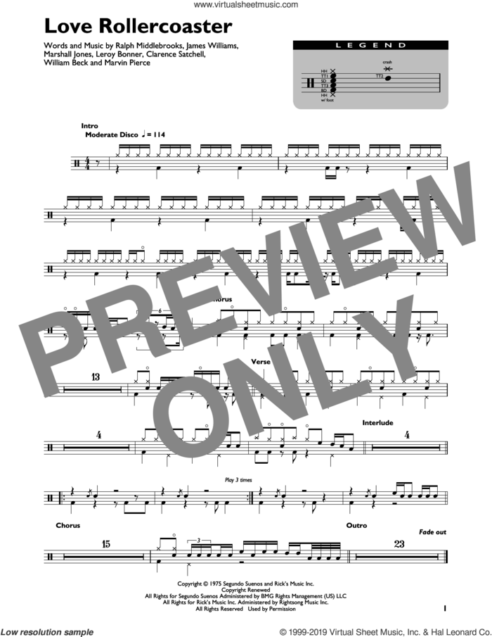 Love Rollercoaster sheet music for drums (percussions) by Ohio Players, Red Hot Chili Peppers, Clarence Satchell, James L. Williams, Leroy Bonner, Marshall Jones, Marvin R. Pierce, Ralph Middlebrooks and Willie Beck, intermediate skill level