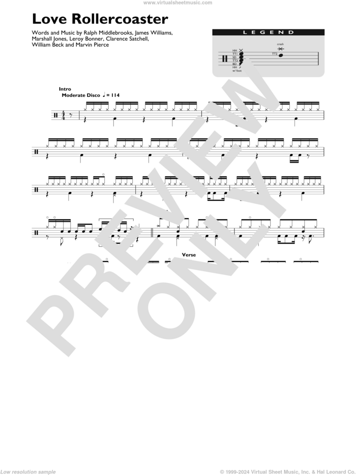 Love Rollercoaster sheet music for drums (percussions) by Ohio Players, Red Hot Chili Peppers, Clarence Satchell, James L. Williams, Leroy Bonner, Marshall Jones, Marvin R. Pierce, Ralph Middlebrooks and Willie Beck, intermediate skill level