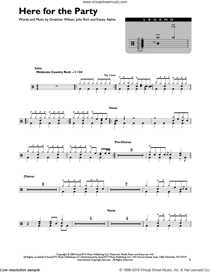 Here For The Party sheet music for drums (percussions) by Gretchen Wilson, John Rich and Kenny Alphin, intermediate skill level