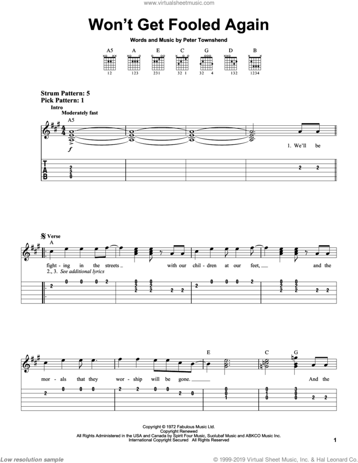 Won't Get Fooled Again sheet music for guitar solo (chords) by The Who and Pete Townshend, easy guitar (chords)