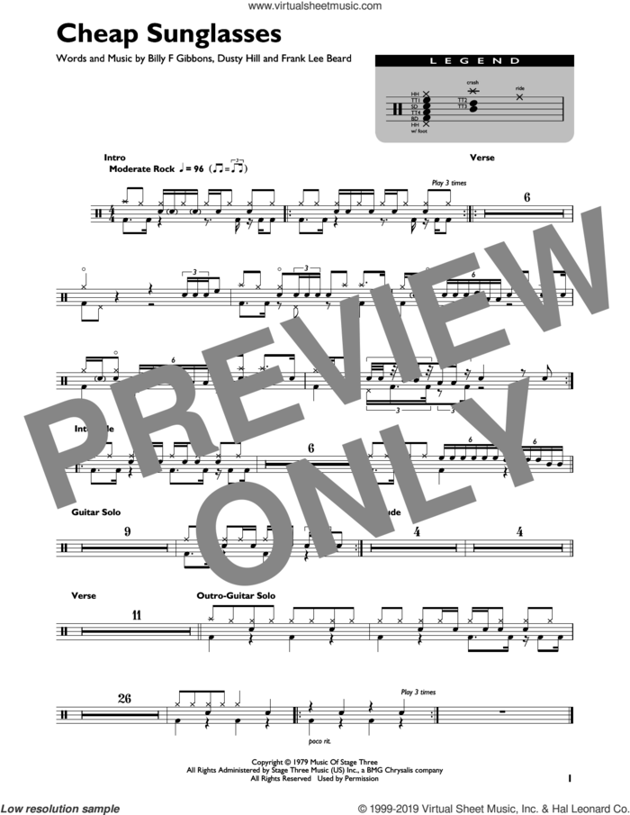 Cheap Sunglasses sheet music for drums (percussions) by ZZ Top, Billy Gibbons, Dusty Hill and Frank Beard, intermediate skill level