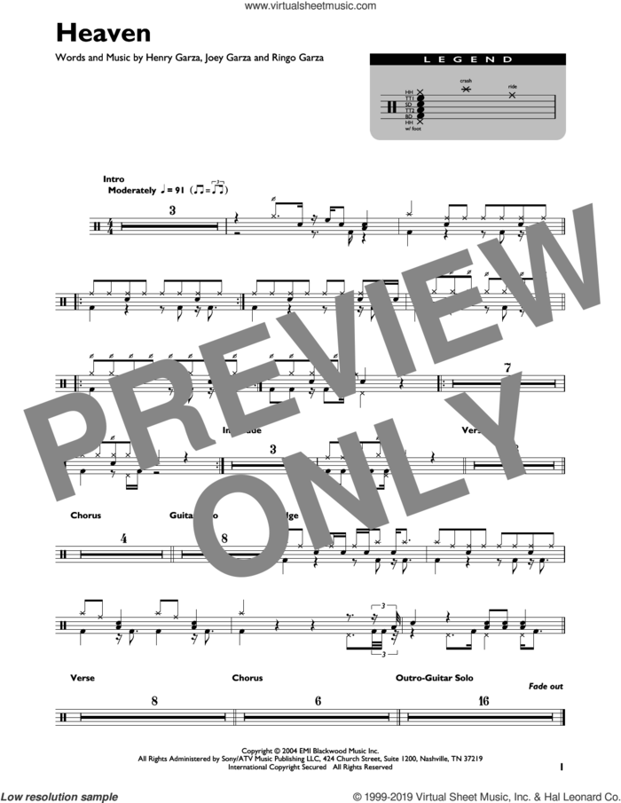 Heaven sheet music for drums (percussions) by Los Lonely Boys, Henry Garza, Joey Garza and Ringo Garza, intermediate skill level