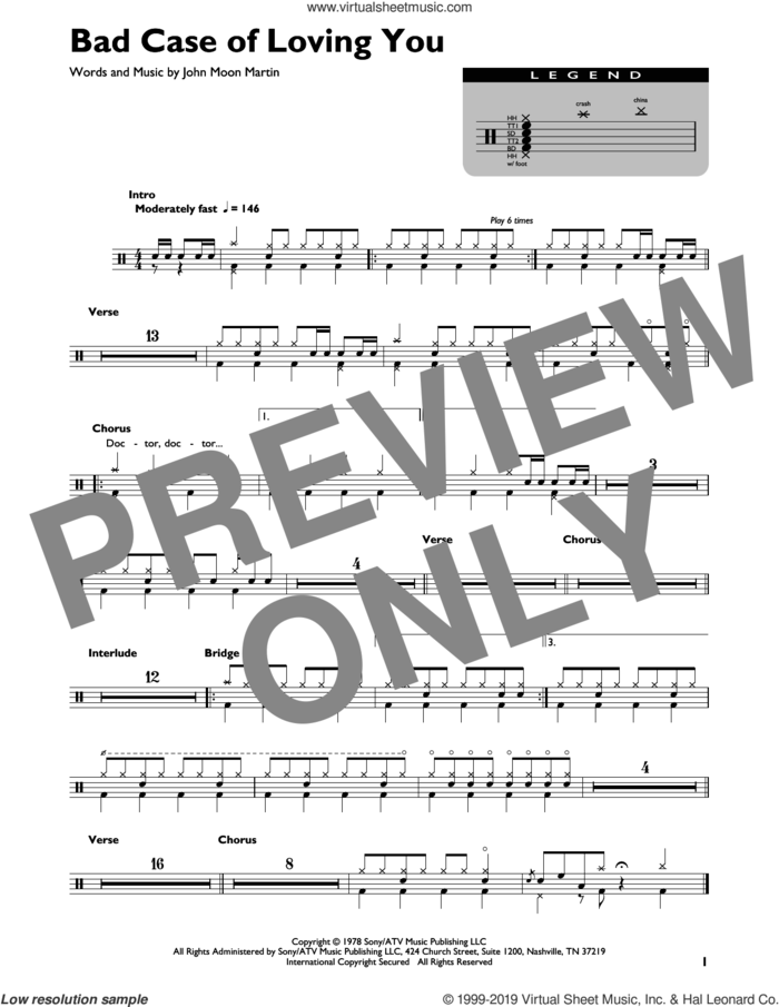 Bad Case Of Loving You sheet music for drums (percussions) by Robert Palmer and John Moon Martin, intermediate skill level