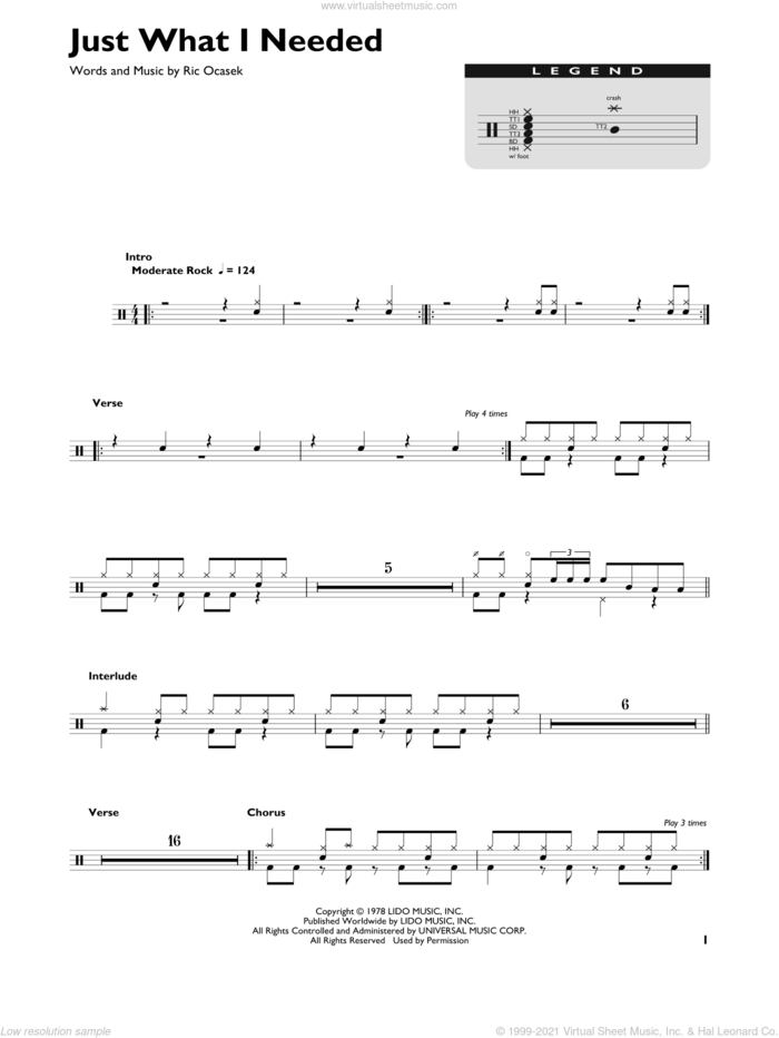 Just What I Needed sheet music for drums (percussions) by The Cars and Ric Ocasek, intermediate skill level