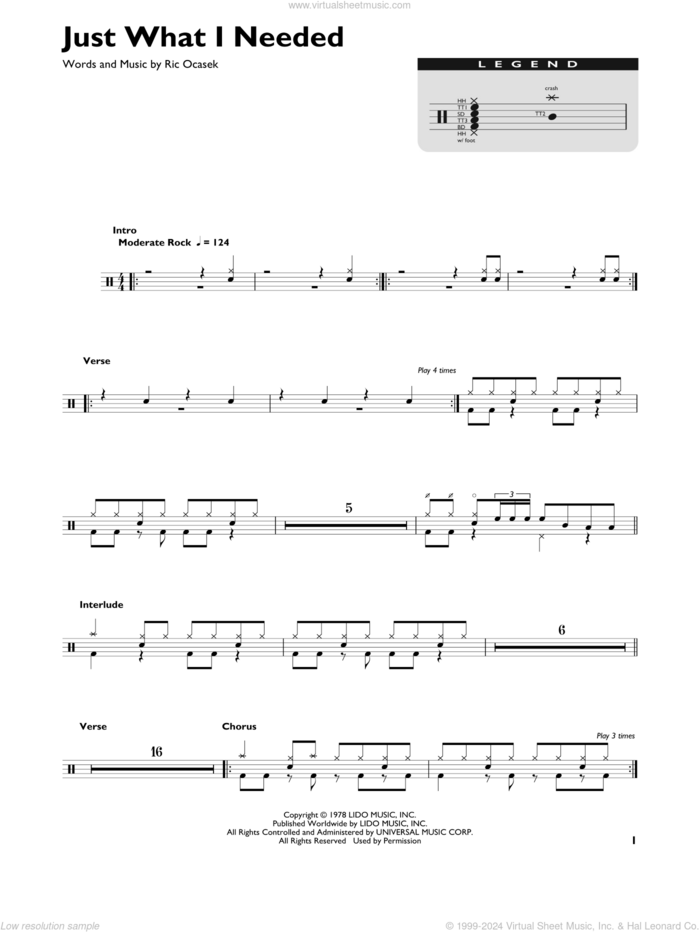 Just What I Needed sheet music for drums (percussions) by The Cars and Ric Ocasek, intermediate skill level