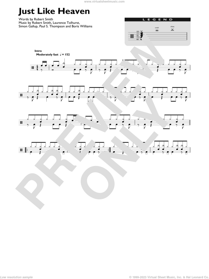 Just Like Heaven sheet music for drums (percussions) by The Cure, Boris Williams, Laurence Tolhurst, Paul S. Thompson, Robert Smith and Simon Gallup, intermediate skill level