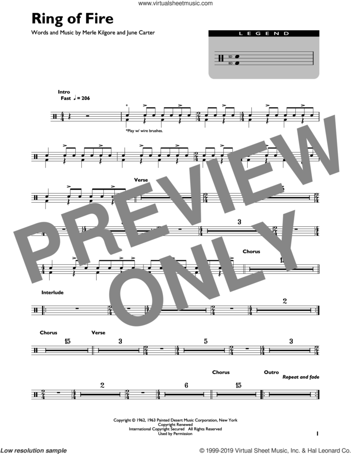 Ring Of Fire sheet music for drums (percussions) by Johnny Cash, June Carter and Merle Kilgore, intermediate skill level