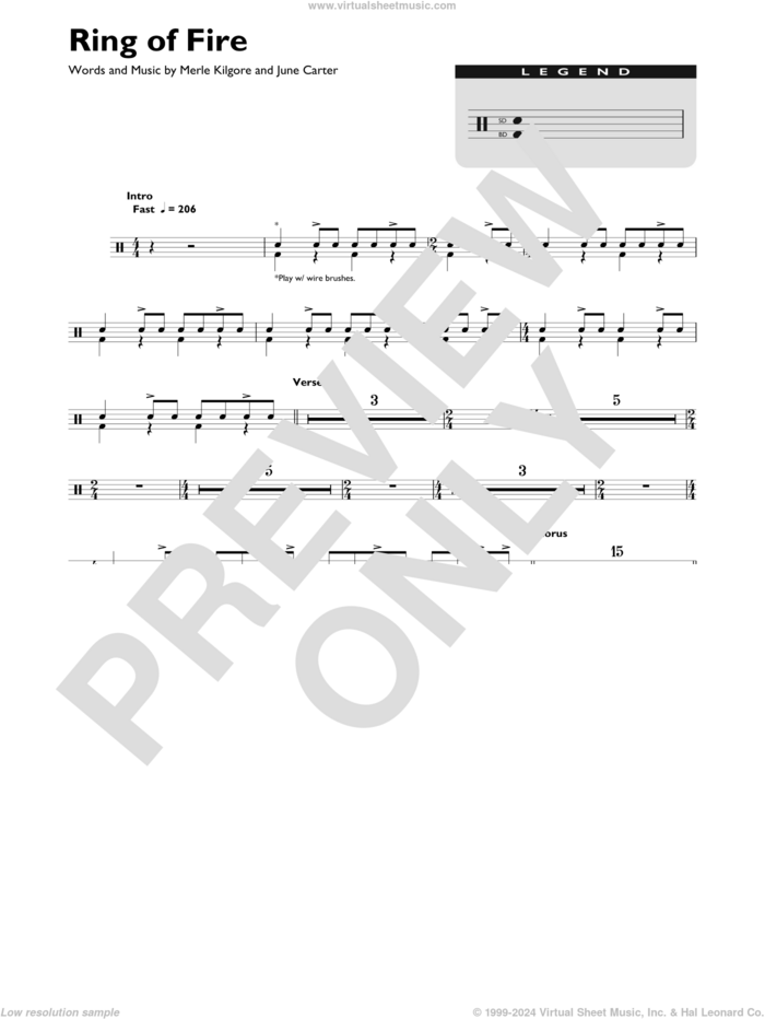 Ring Of Fire sheet music for drums (percussions) by Johnny Cash, June Carter and Merle Kilgore, intermediate skill level