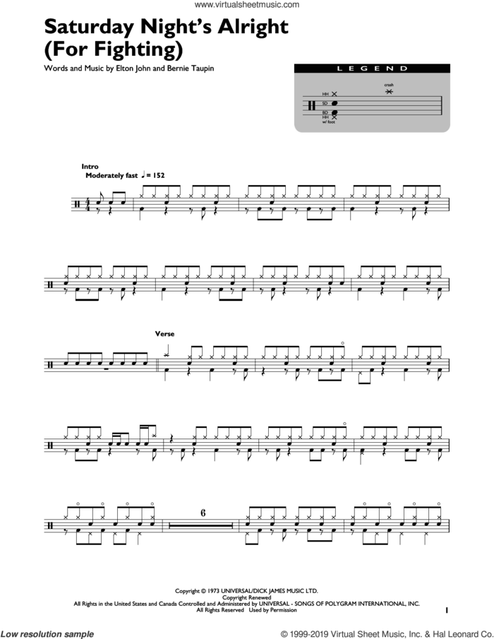 Saturday Night's Alright (For Fighting) sheet music for drums (percussions) by Elton John and Bernie Taupin, intermediate skill level