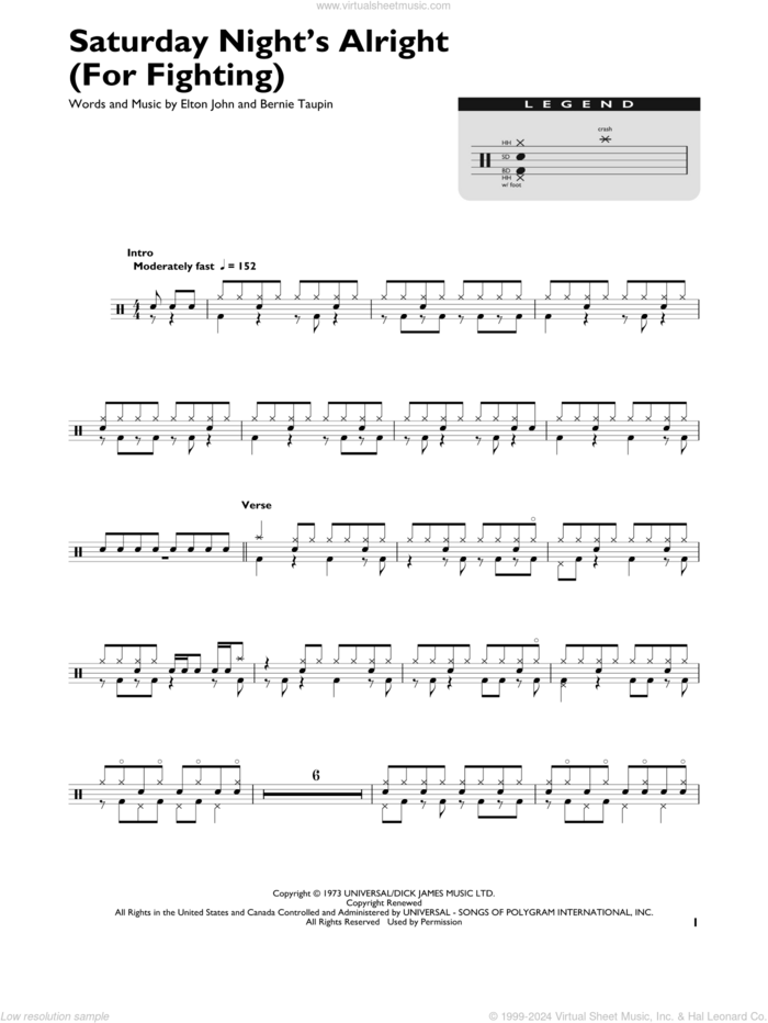 Saturday Night's Alright (For Fighting) sheet music for drums (percussions) by Elton John and Bernie Taupin, intermediate skill level