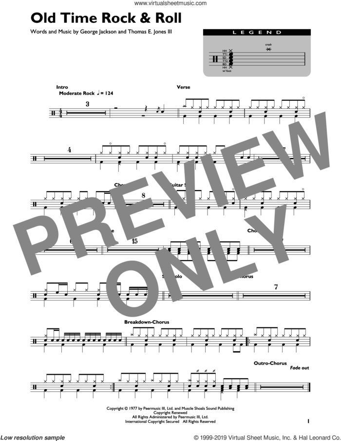 Old Time Rock and Roll sheet music for drums (percussions) by Bob Seger, George Jackson and Tom Jones, intermediate skill level