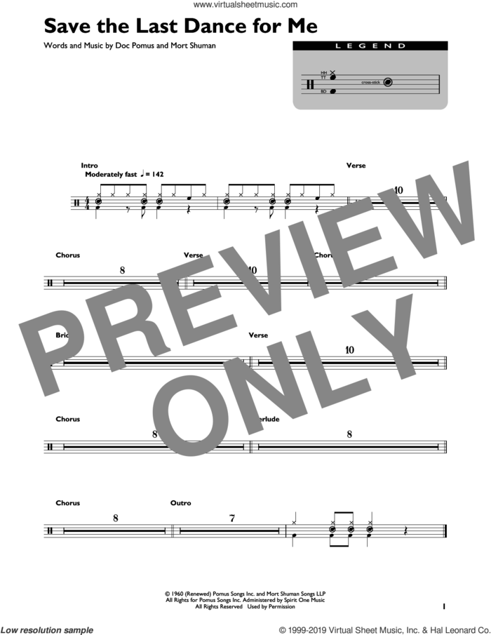Save The Last Dance For Me sheet music for drums (percussions) by The Drifters, Doc Pomus and Mort Shuman, intermediate skill level