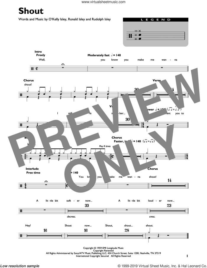 Shout sheet music for drums (percussions) by The Isley Brothers, O Kelly Isley, Ronald Isley and Rudolph Isley, intermediate skill level
