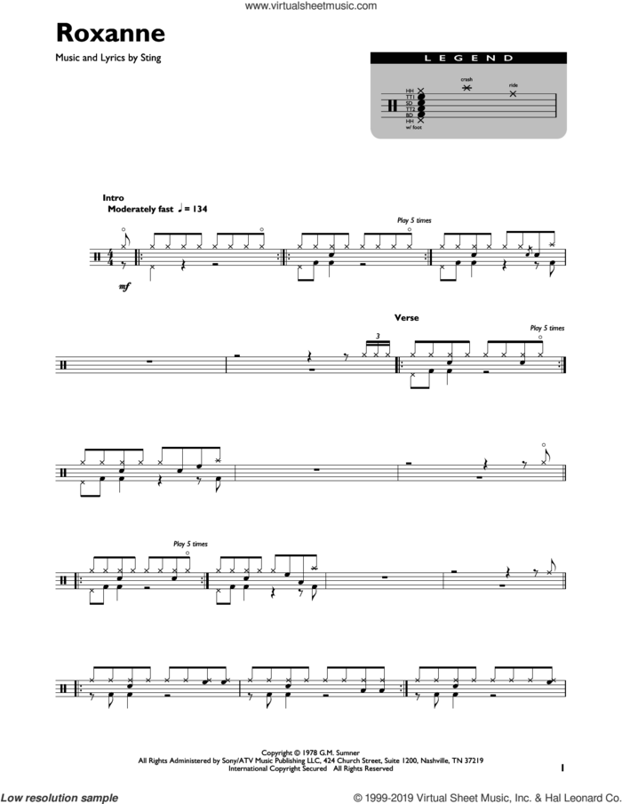 Roxanne sheet music for drums (percussions) by The Police and Sting, intermediate skill level