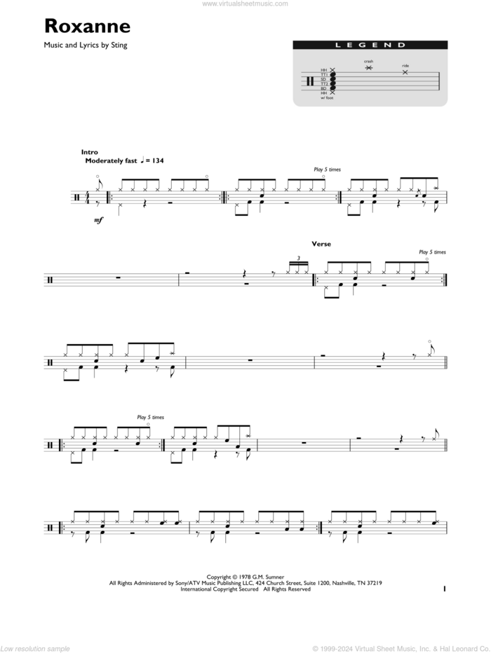 Roxanne sheet music for drums (percussions) by The Police and Sting, intermediate skill level