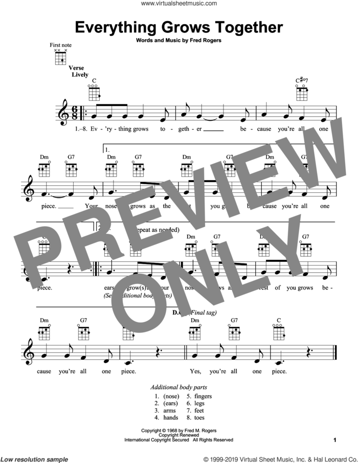 Everything Grows Together (from Mister Rogers' Neighborhood) sheet music for ukulele by Fred Rogers and Mister Rogers, intermediate skill level