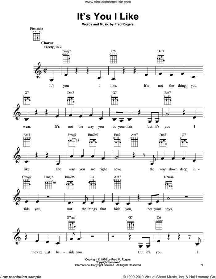 It's You I Like (from Mister Rogers' Neighborhood) sheet music for ukulele by Fred Rogers and Mister Rogers, intermediate skill level