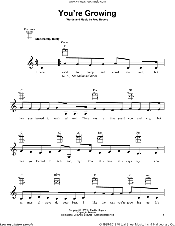 You're Growing (from Mister Rogers' Neighborhood) sheet music for ukulele by Fred Rogers and Mister Rogers, intermediate skill level