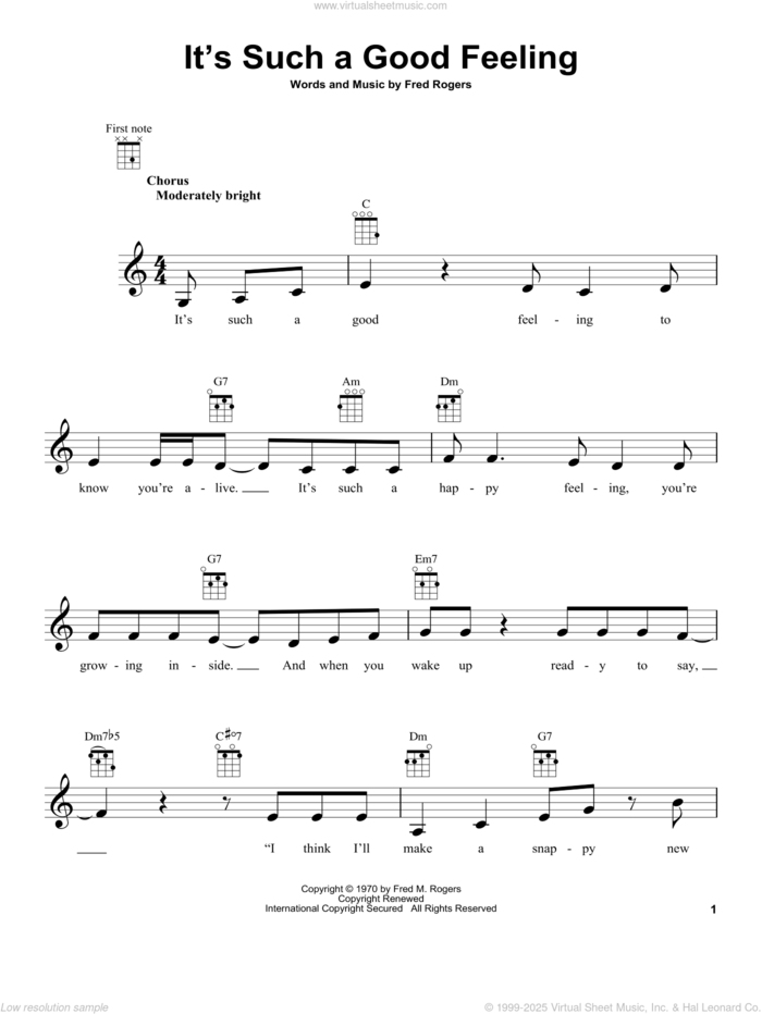 It's Such A Good Feeling (from Mister Rogers' Neighborhood) sheet music for ukulele by Fred Rogers and Mister Rogers, intermediate skill level