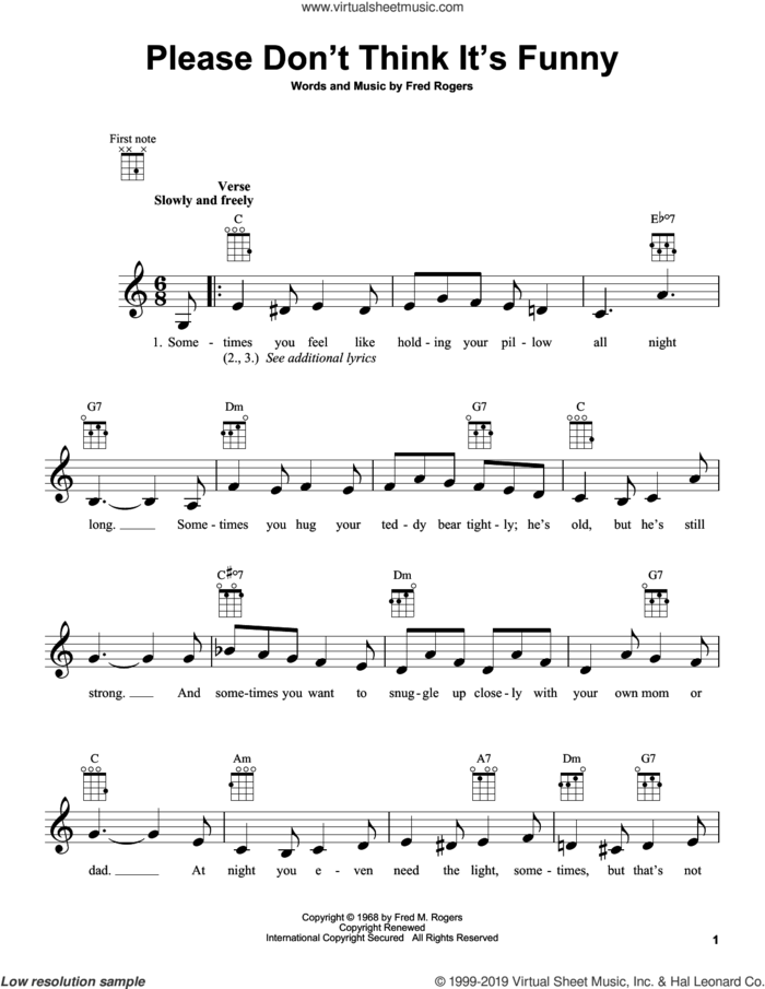 Please Don't Think It's Funny (from Mister Rogers' Neighborhood) sheet music for ukulele by Fred Rogers and Mister Rogers, intermediate skill level