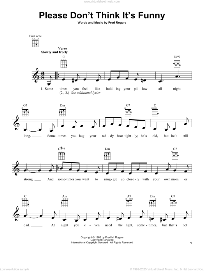 Please Don't Think It's Funny (from Mister Rogers' Neighborhood) sheet music for ukulele by Fred Rogers and Mister Rogers, intermediate skill level