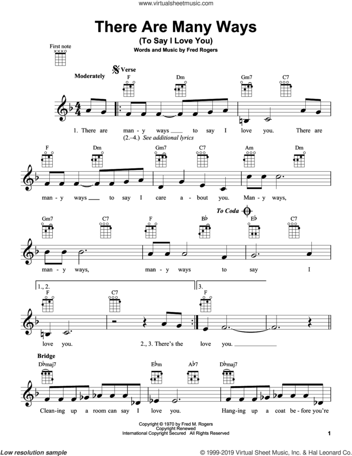 There Are Many Ways (To Say I Love You) (from Mister Rogers' Neighborhood) sheet music for ukulele by Fred Rogers and Mister Rogers, intermediate skill level