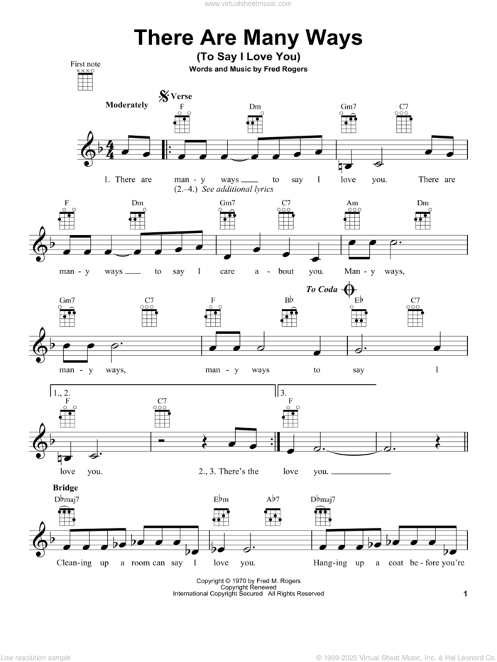 There Are Many Ways (To Say I Love You) (from Mister Rogers' Neighborhood) sheet music for ukulele by Fred Rogers and Mister Rogers, intermediate skill level