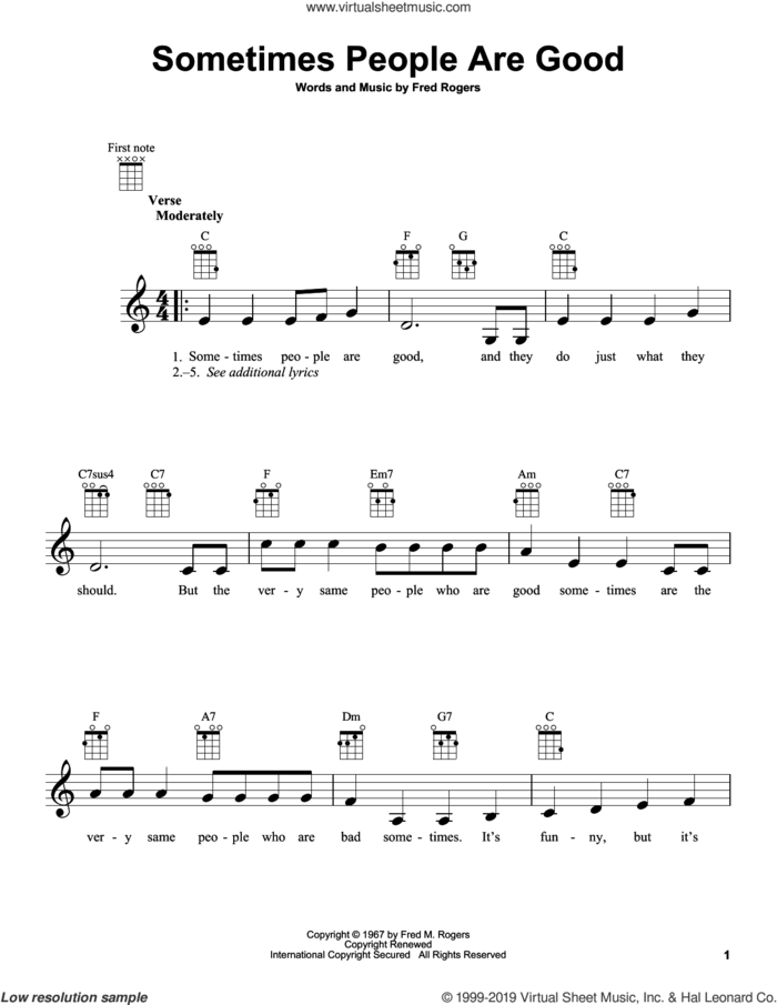 Sometimes People Are Good (from Mister Rogers' Neighborhood) sheet music for ukulele by Fred Rogers and Mister Rogers, intermediate skill level