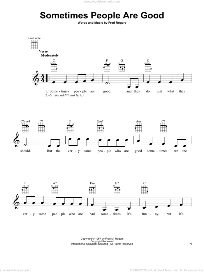 Sometimes People Are Good (from Mister Rogers' Neighborhood) sheet music for ukulele by Fred Rogers and Mister Rogers, intermediate skill level