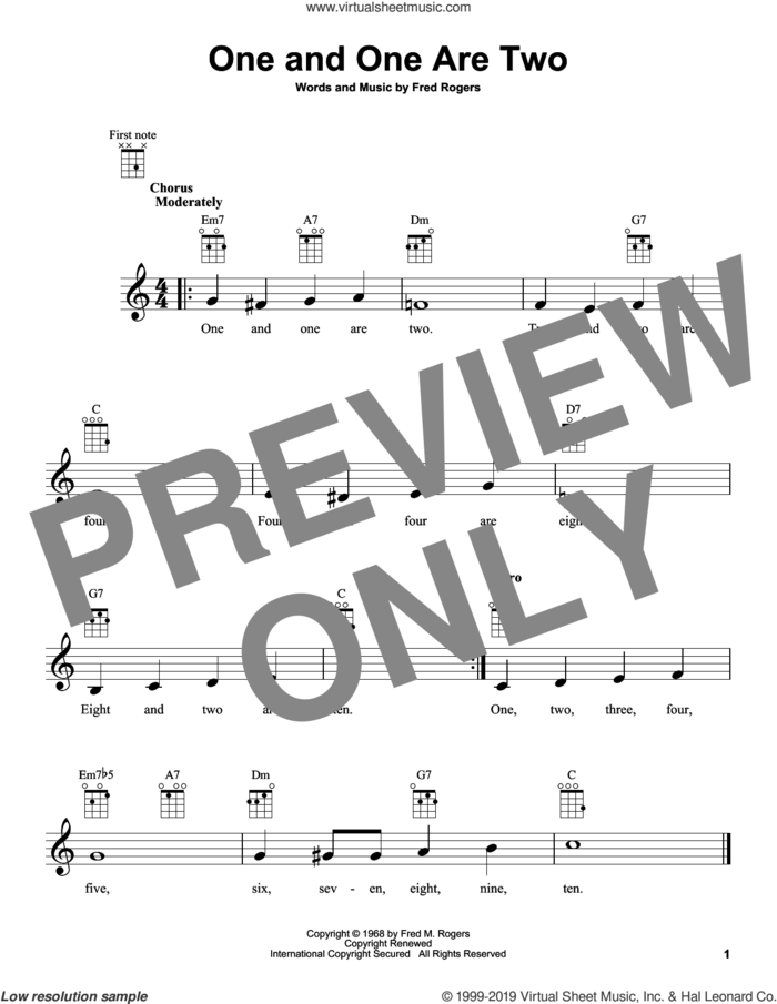 One And One Are Two (from Mister Rogers' Neighborhood) sheet music for ukulele by Fred Rogers and Mister Rogers, intermediate skill level
