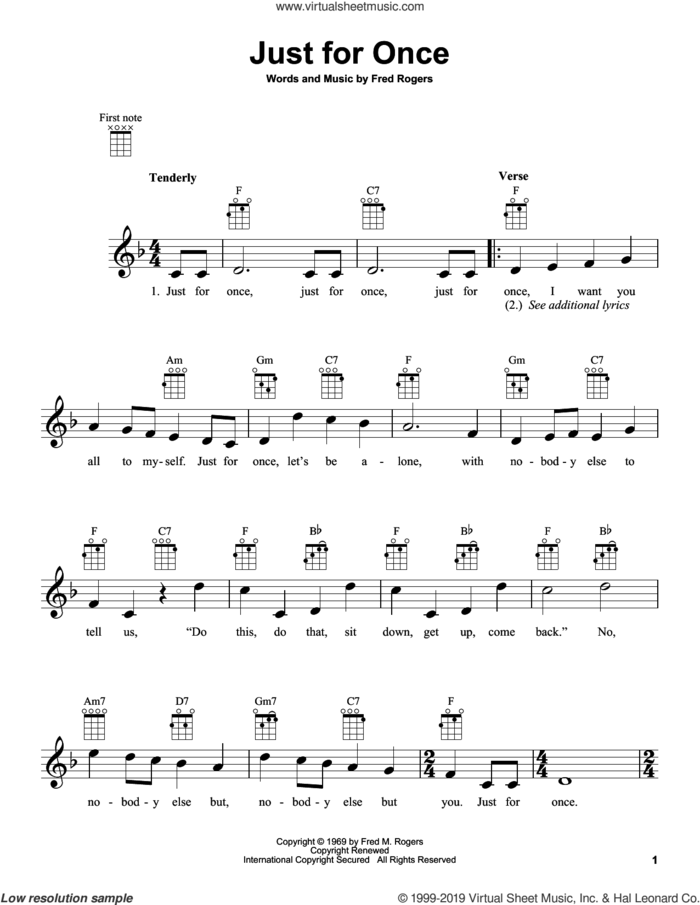 Just For Once (from Mister Rogers' Neighborhood) sheet music for ukulele by Fred Rogers and Mister Rogers, intermediate skill level