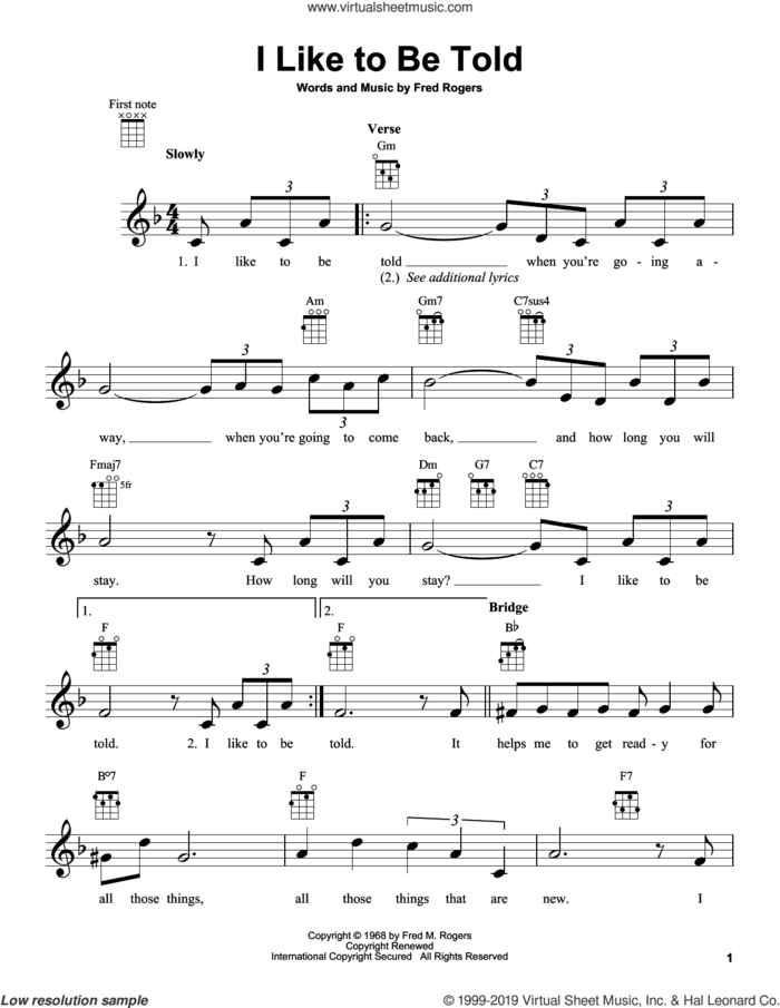 I Like To Be Told (from Mister Rogers' Neighborhood) sheet music for ukulele by Fred Rogers and Mister Rogers, intermediate skill level
