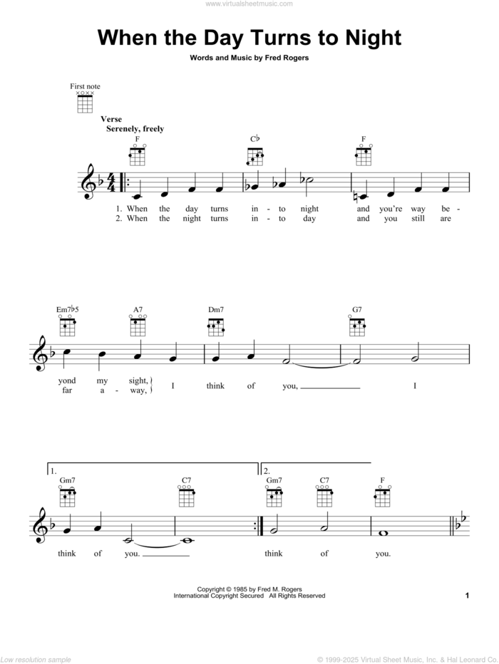 When The Day Turns To Night (from Mister Rogers' Neighborhood) sheet music for ukulele by Fred Rogers and Mister Rogers, intermediate skill level